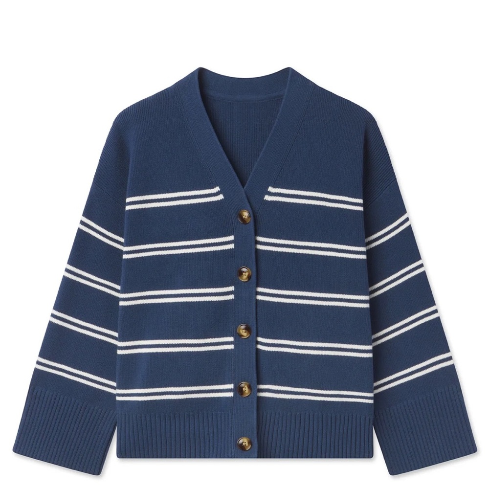 LAKE Nora Cotton Cardigan in Navy Ivory Stripe